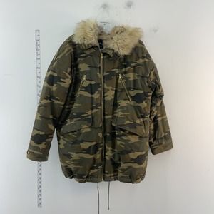 Zara Trafaluc Green Camo Faux Fur Hooded Women's Overcoat Coat - Size M